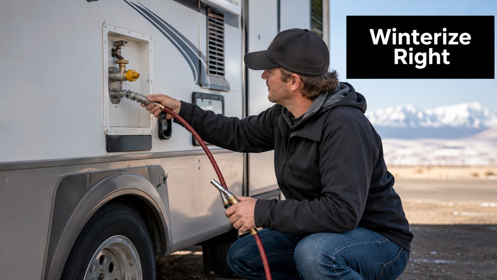 A man in a black jacket kneeling to connect a hose to the water hookup of an RV.