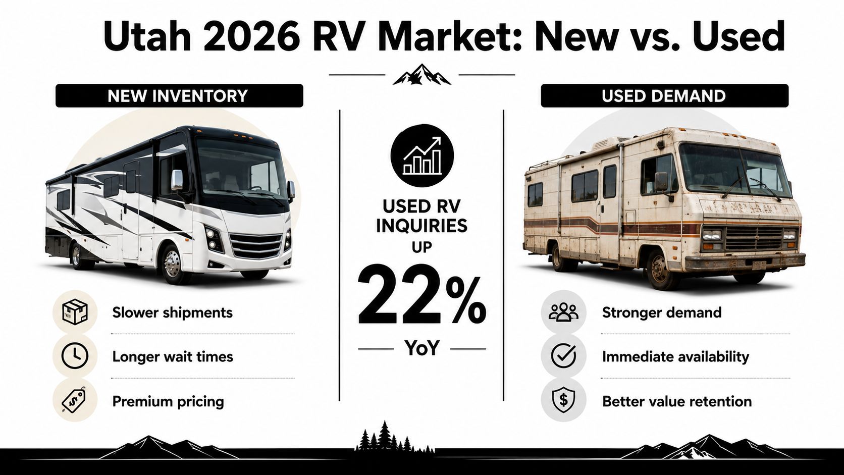 A comparison chart showing Utah 2026 RV market trends with new inventory challenges versus used RV demand increases.