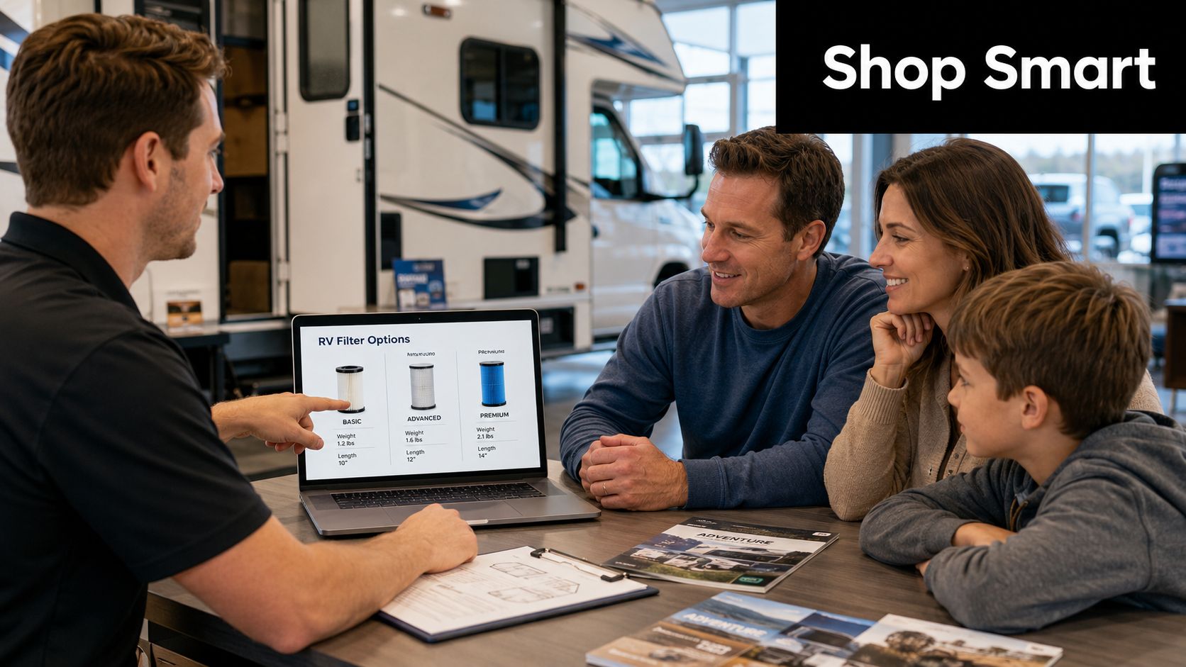 A salesman showing RV filter options on a laptop to a family at a dealership office.