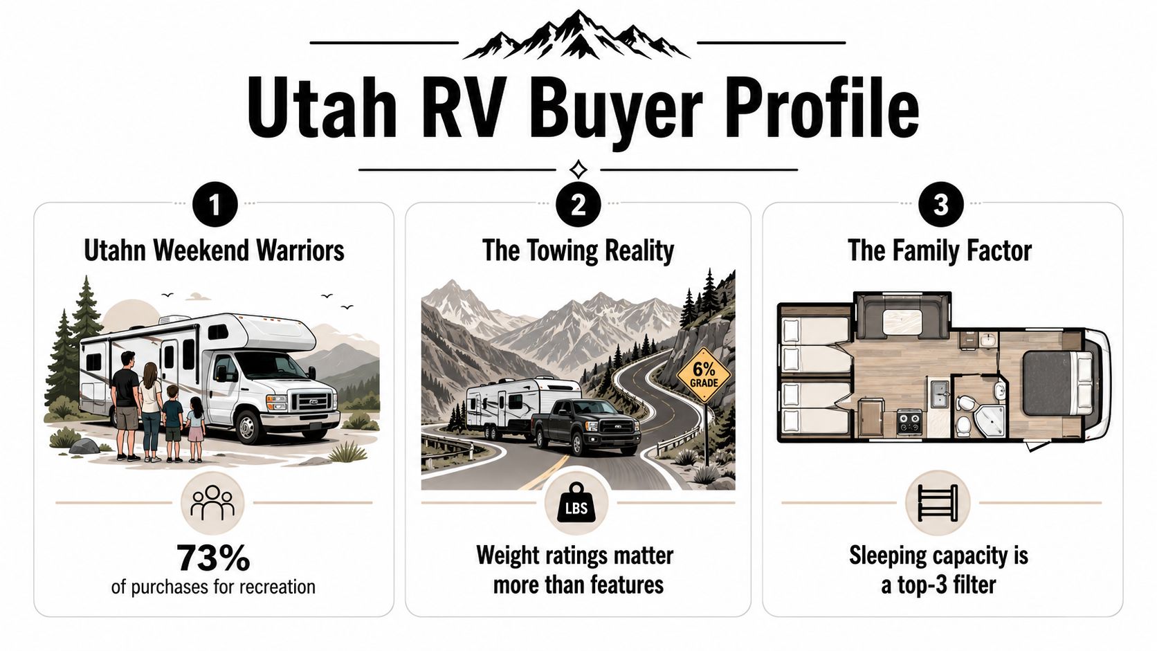 An infographic titled Utah RV Buyer Profile illustrating trends for recreation, towing capabilities, and family sleeping capacity.