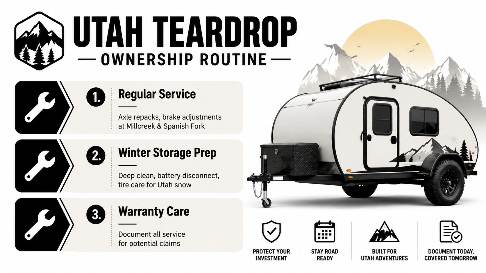 An infographic detailing the maintenance and care routine for Utah Teardrop trailers including service and storage.