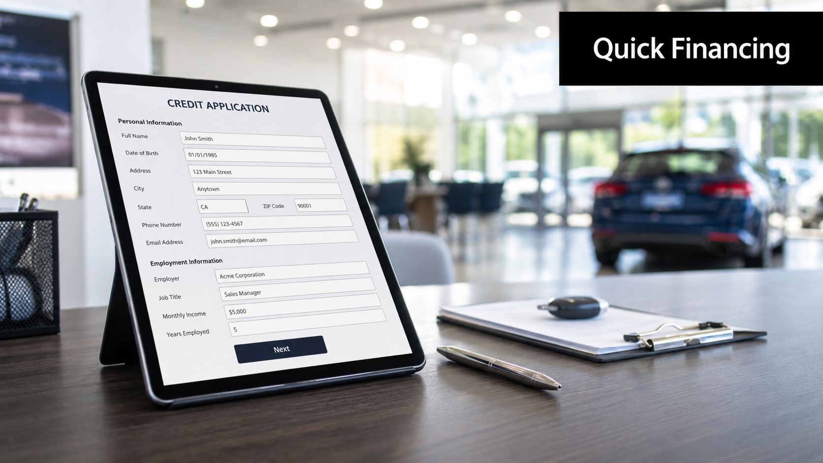 A digital credit application on a tablet displayed on a desk in a car dealership showroom.