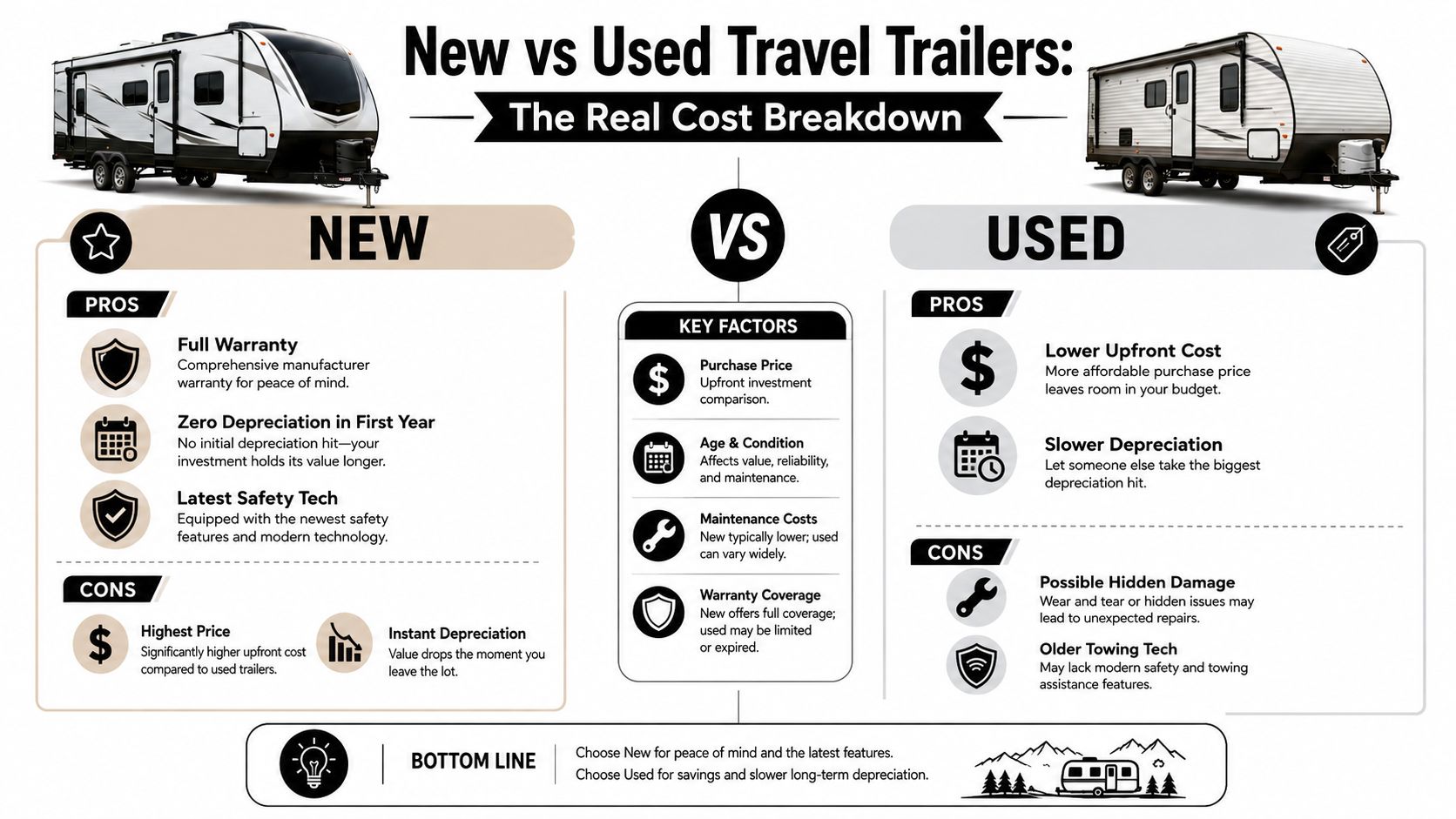 A comparison infographic detailing the pros and cons of buying new versus used travel trailers.