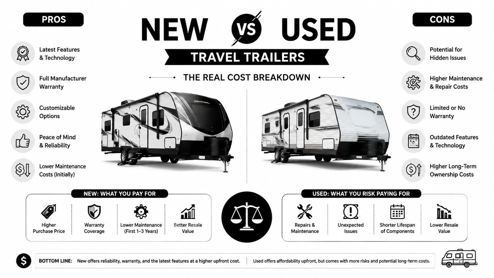 An infographic comparing pros and cons of buying new versus used travel trailers for prospective owners.