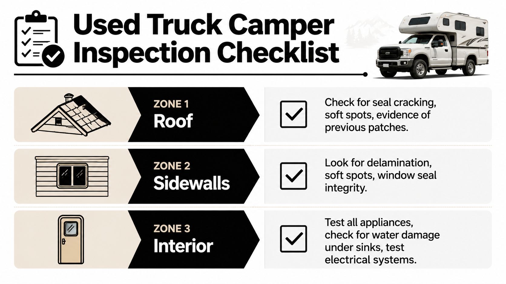 A checklist for inspecting a used truck camper divided into roof, sidewalls, and interior zones.