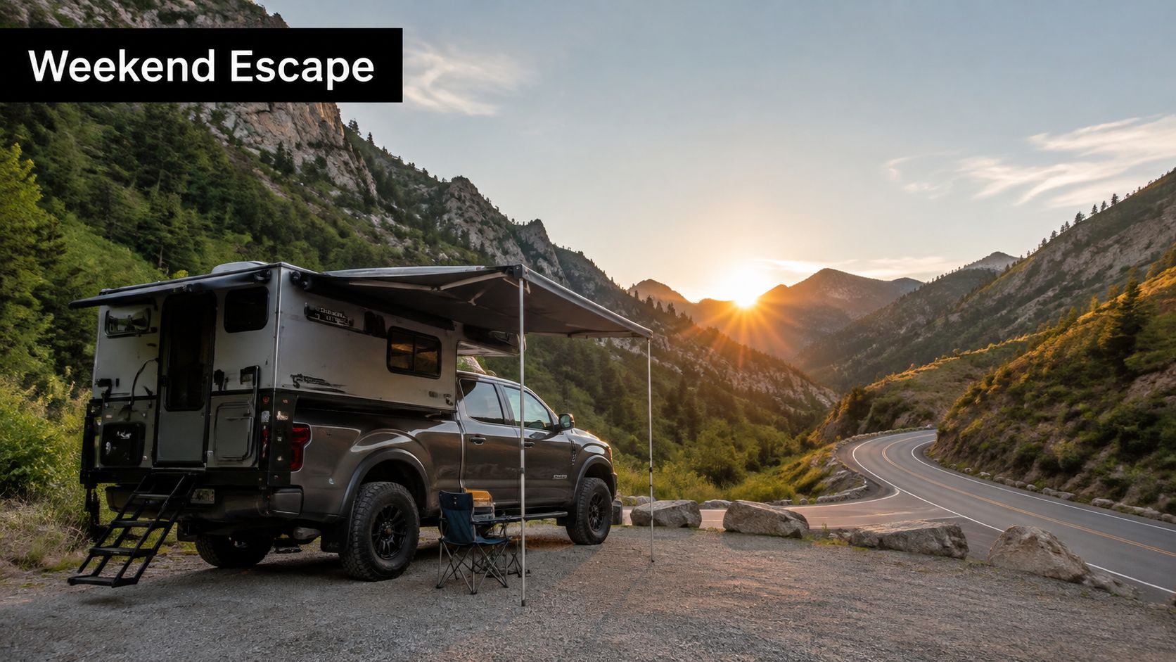 A truck camper parked on a scenic mountain roadside during a beautiful sunset for a weekend escape.
