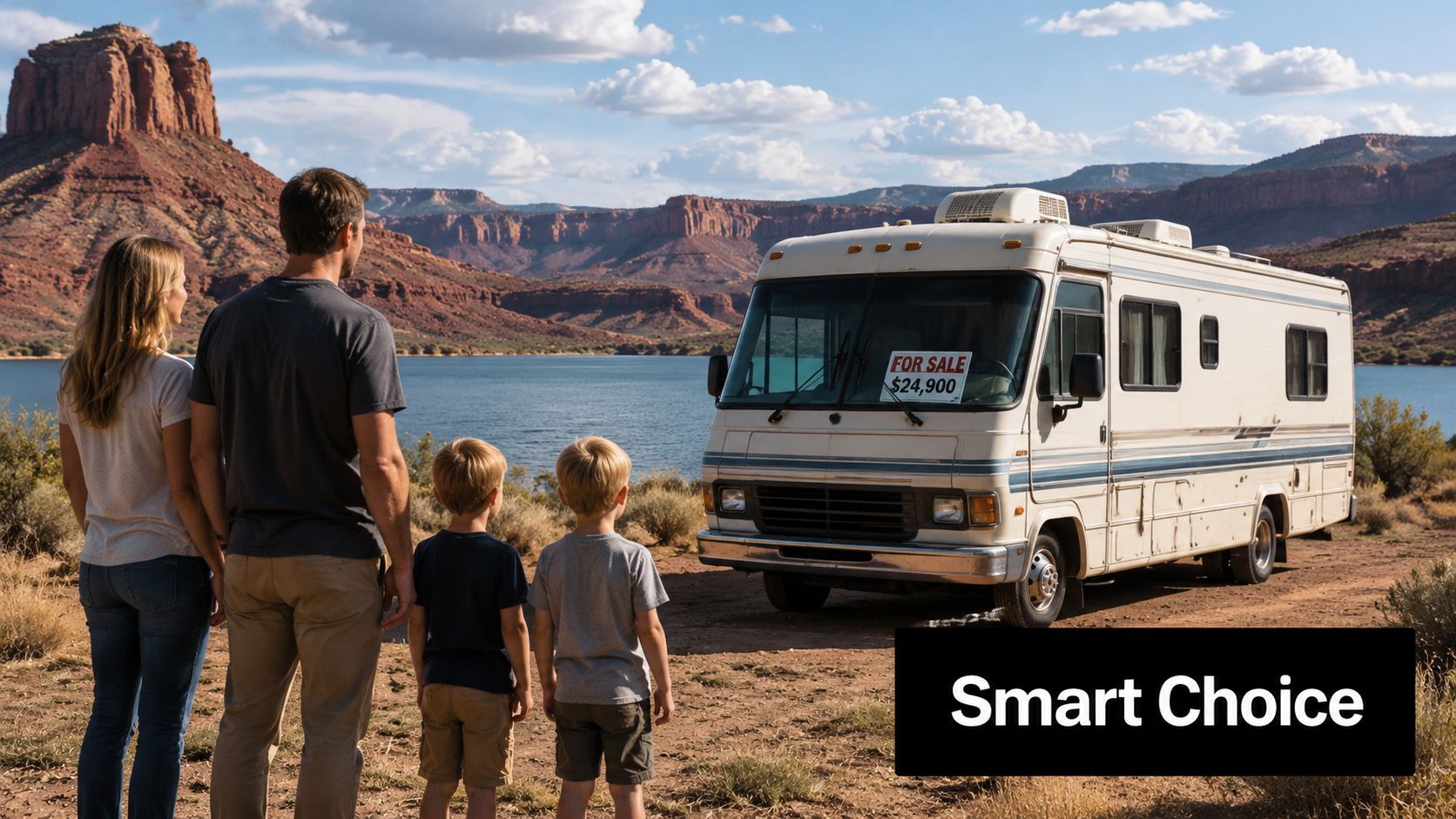 A family of four looking at a used motorhome for sale by a lake in Utah