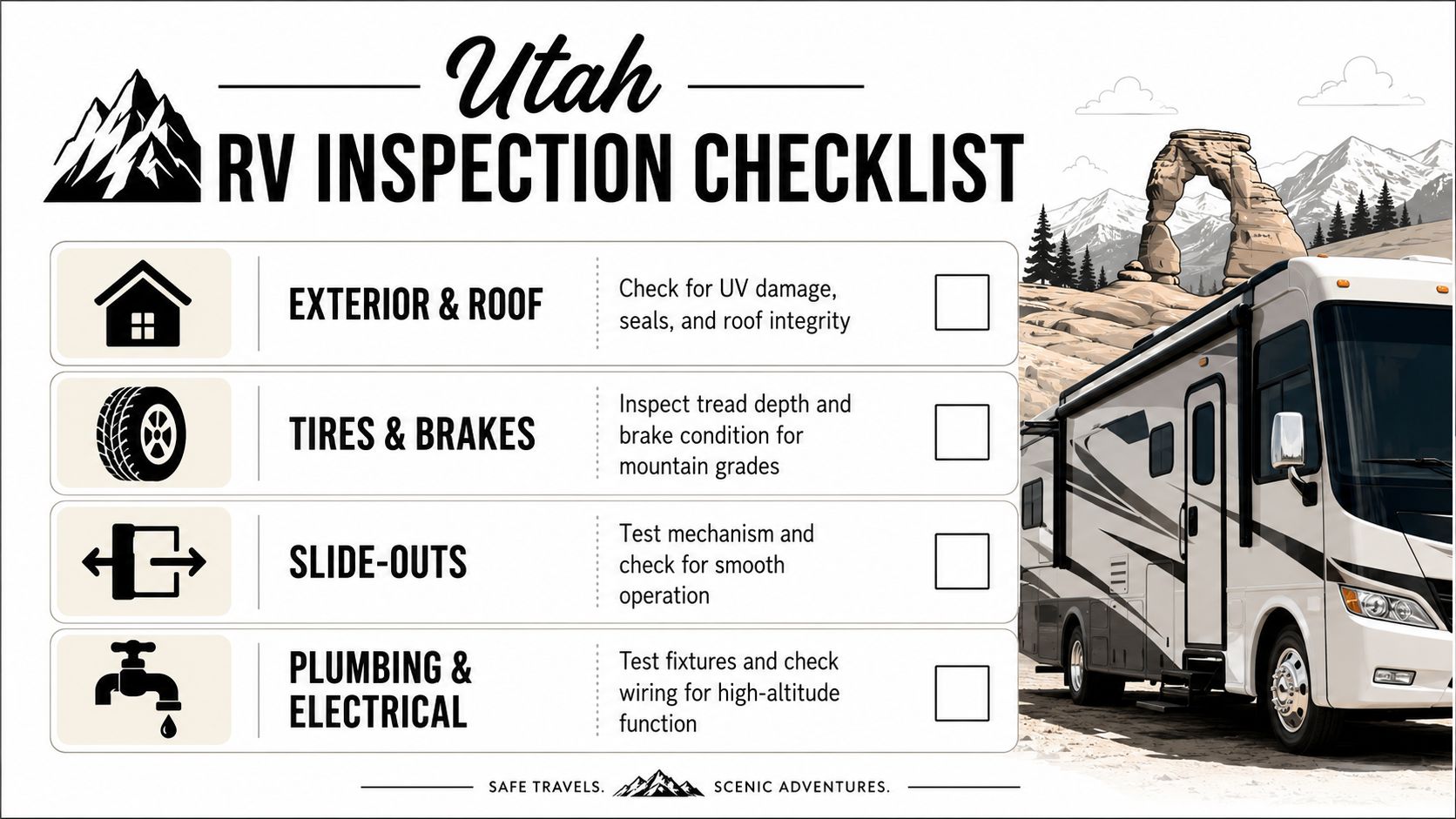 A Utah RV inspection checklist infographic featuring categories for exterior, tires, brakes, slide-outs, and plumbing with a motorhome illustration.