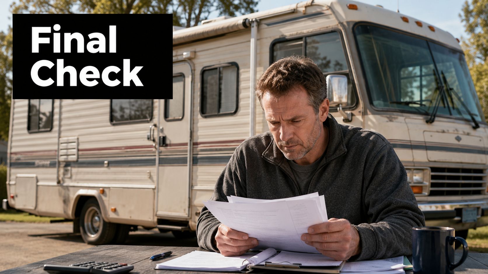 A middle-aged man reviewing documents at an outdoor table in front of his recreational vehicle.
